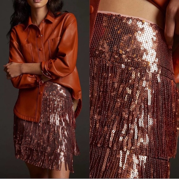 ANTHROPOLOGIE Maeve Rose Gold Sequined Fringe Mini Skirt Party Barbiecore Size 4 - Picture 1 of 10